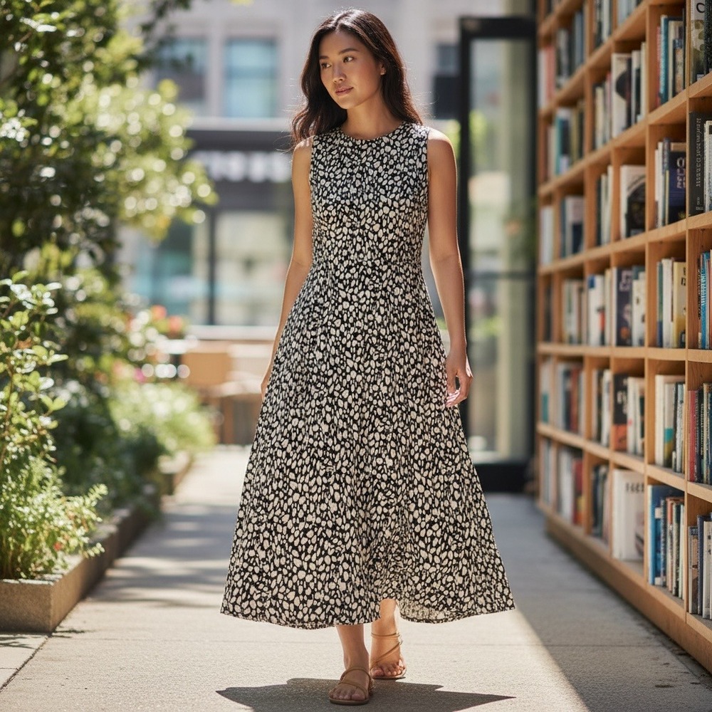 LASCANA Black White Speckled Print Sleeveless Midi Dress Women's Size 18